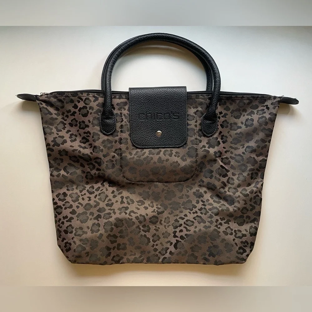Chico’s Leopard Print Foldable Zip Top Travel Tote Handbag